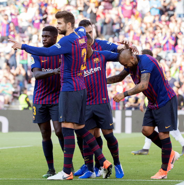 Jugadores del Barcelona en festejo de gol ante el Getafe 