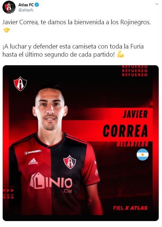 Mensaje de bienvenida de Atlas a Javier Correa