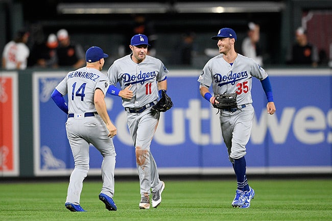 Jugadores de Dodgers festejan contra Baltimore