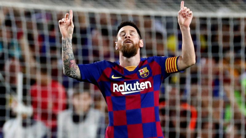 Messi celebra una anotación con el Barcelona 