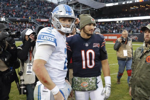 Jeff Driskel y Mitch Trubisky antes del partido