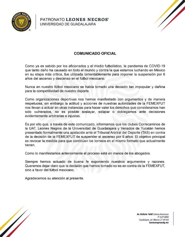 Comunicado de Leones Negros