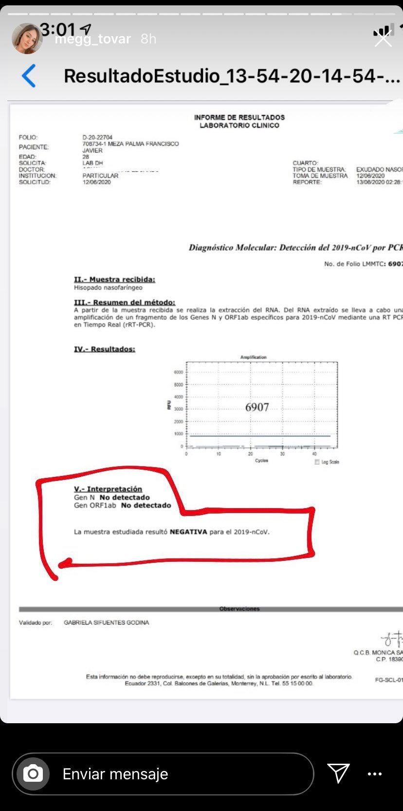 Prueba negativa de coronavirus de Meza