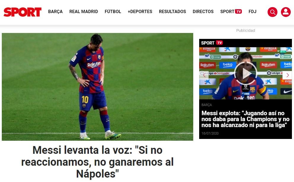 Portada en el portal de Sport