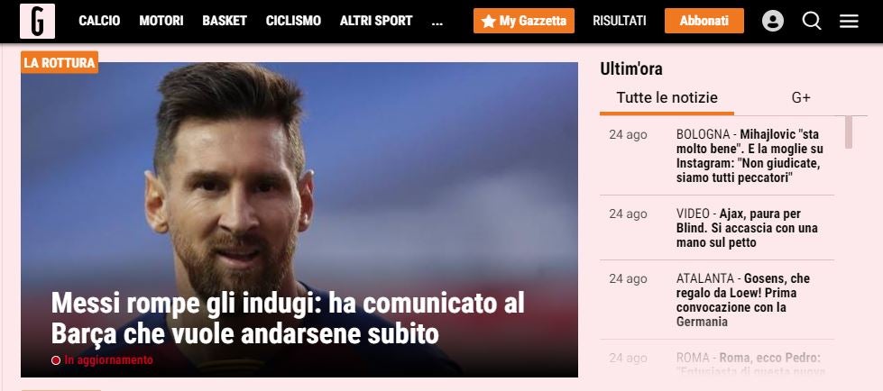 Portada en el portal de La Gazzetta dello Sport