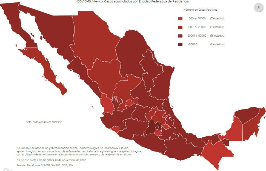 Mapa de coronavirus en México al 1 de noviembre