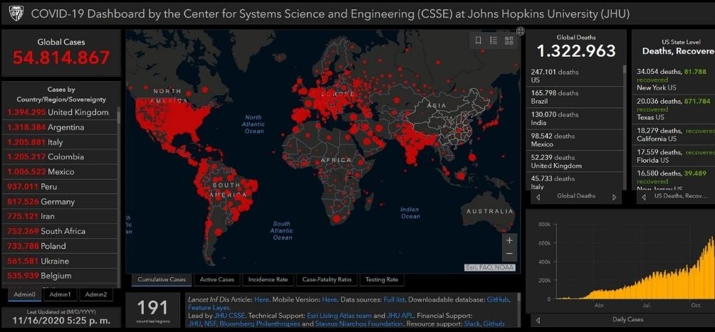Mapa de coronavirus en el mundo al 16 de noviembre