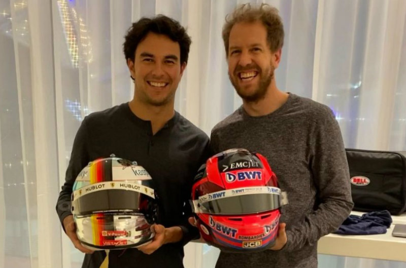 Checo Pérez y Vettel intercambian cascos