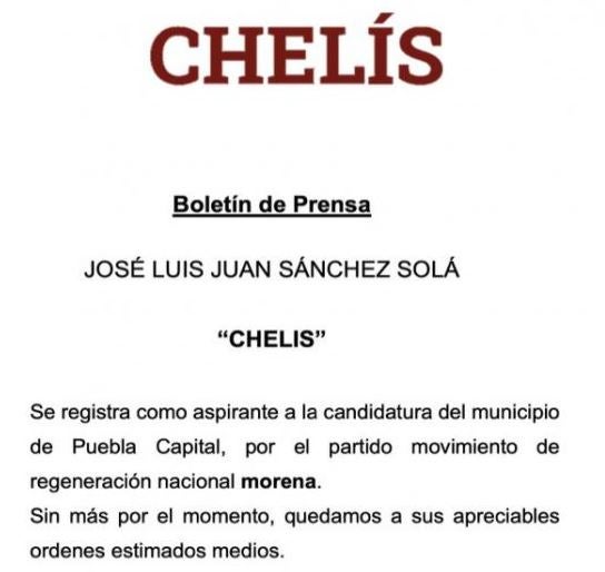 Boletín sobre candidatura del 'Chelís'