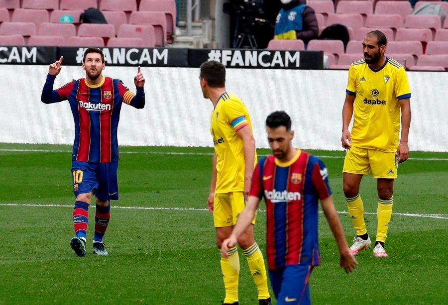 Messi en el partido entre el Barcelona y el Cádiz