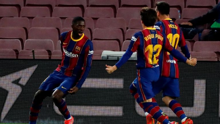 Ousmane Dembélé celebra el gol del triunfo del Barcelona