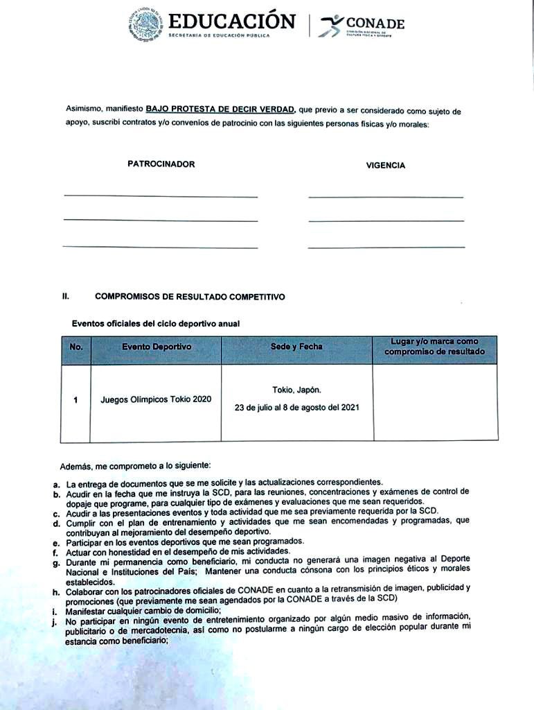 Carta de compromiso que deben firmar los atletas