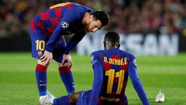 Messi y Dembelé en juego con el Barcelona