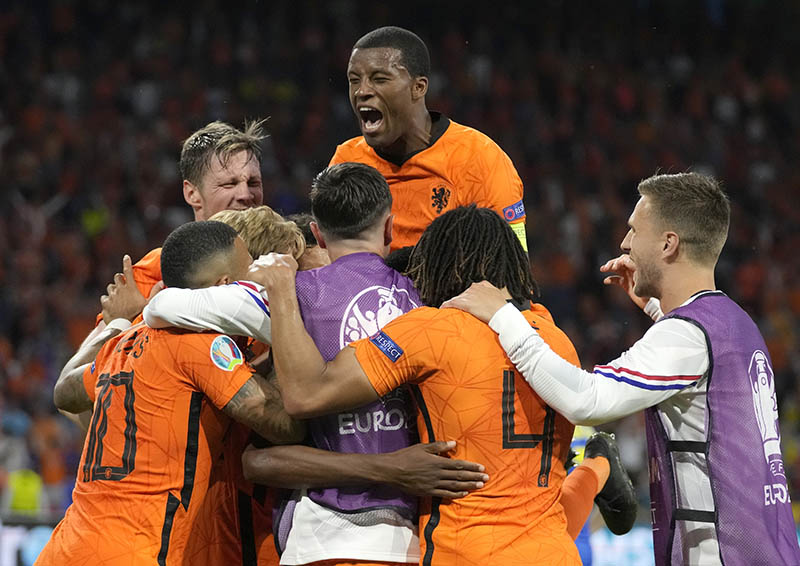 Jugadores de Países Bajos celebran un gol ante Ucrania