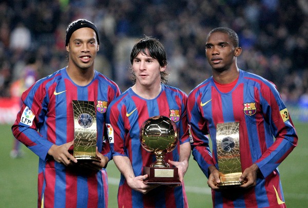 Ronaldinho, Messi y Samuel Eto'o en el Barcelona