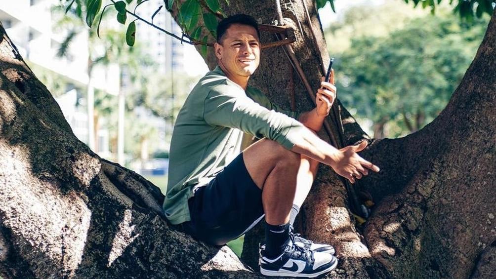 Chicharito Hernández en sesión fotográfica sobre un árbol