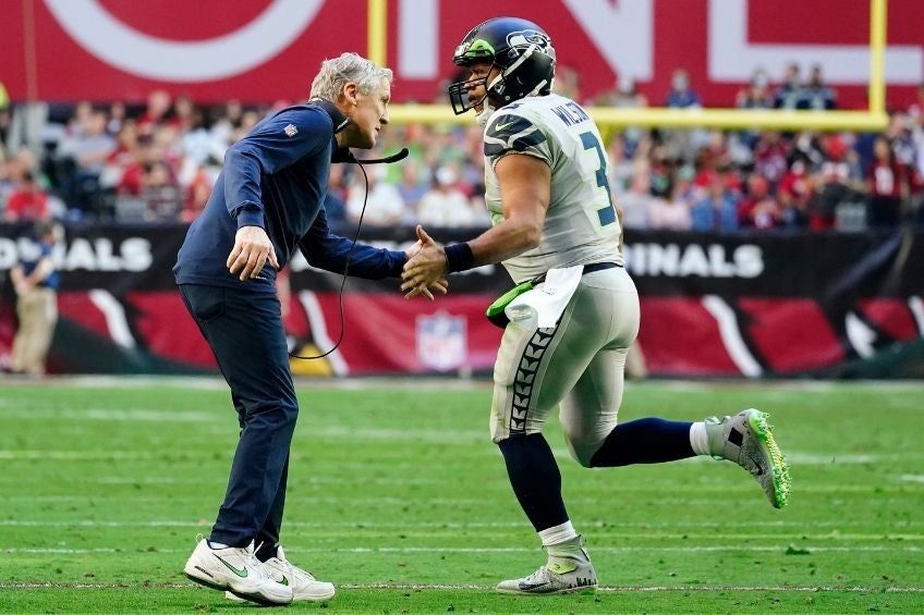 Pete Carroll y Rusell Wilson en un partido de Seattle