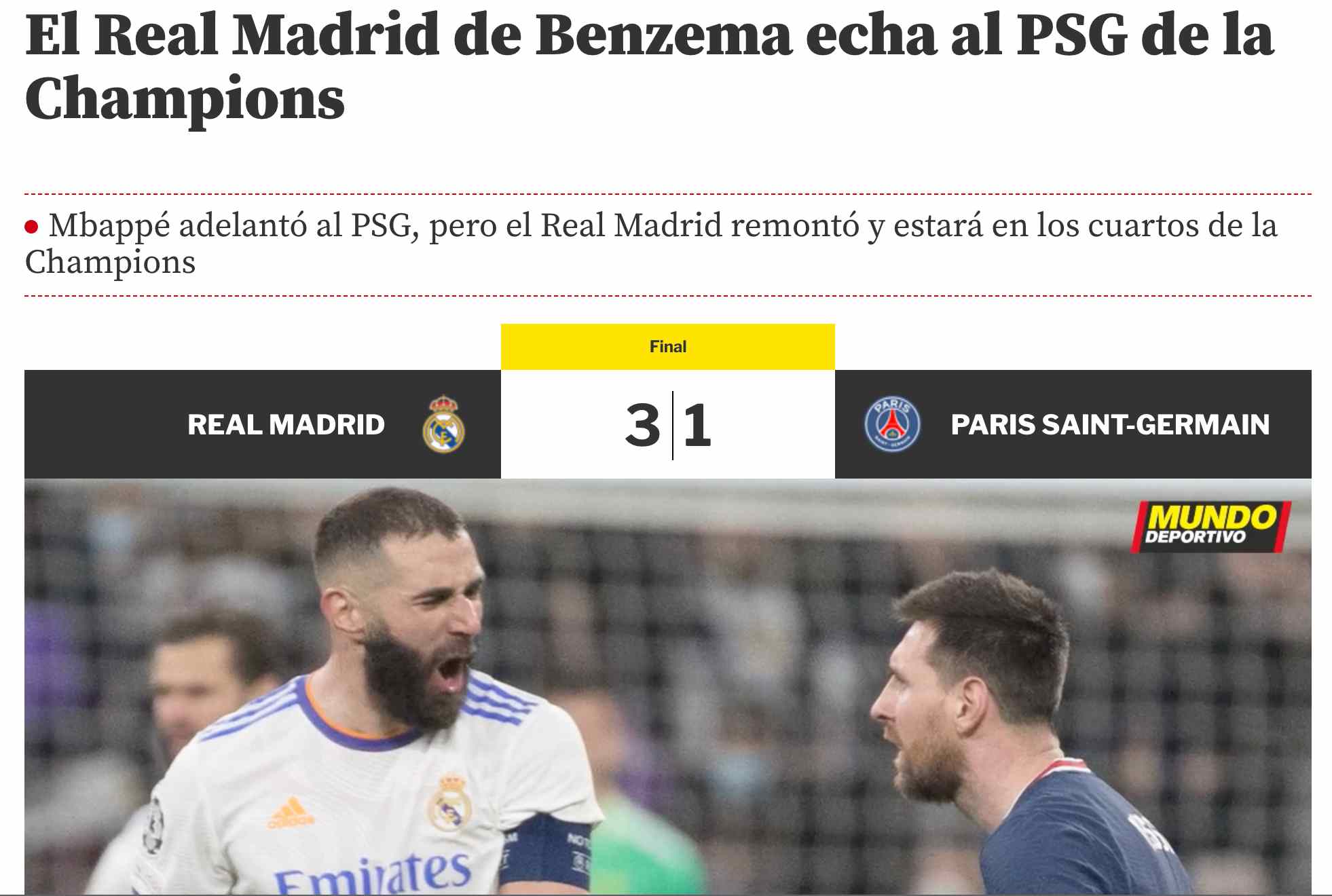 Mundo Deportivo de España destacó actuación de Karim Benzema