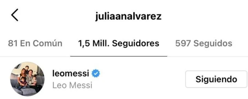 Instagram de Álvarez que muestra a Messi como su nuevo seguidor