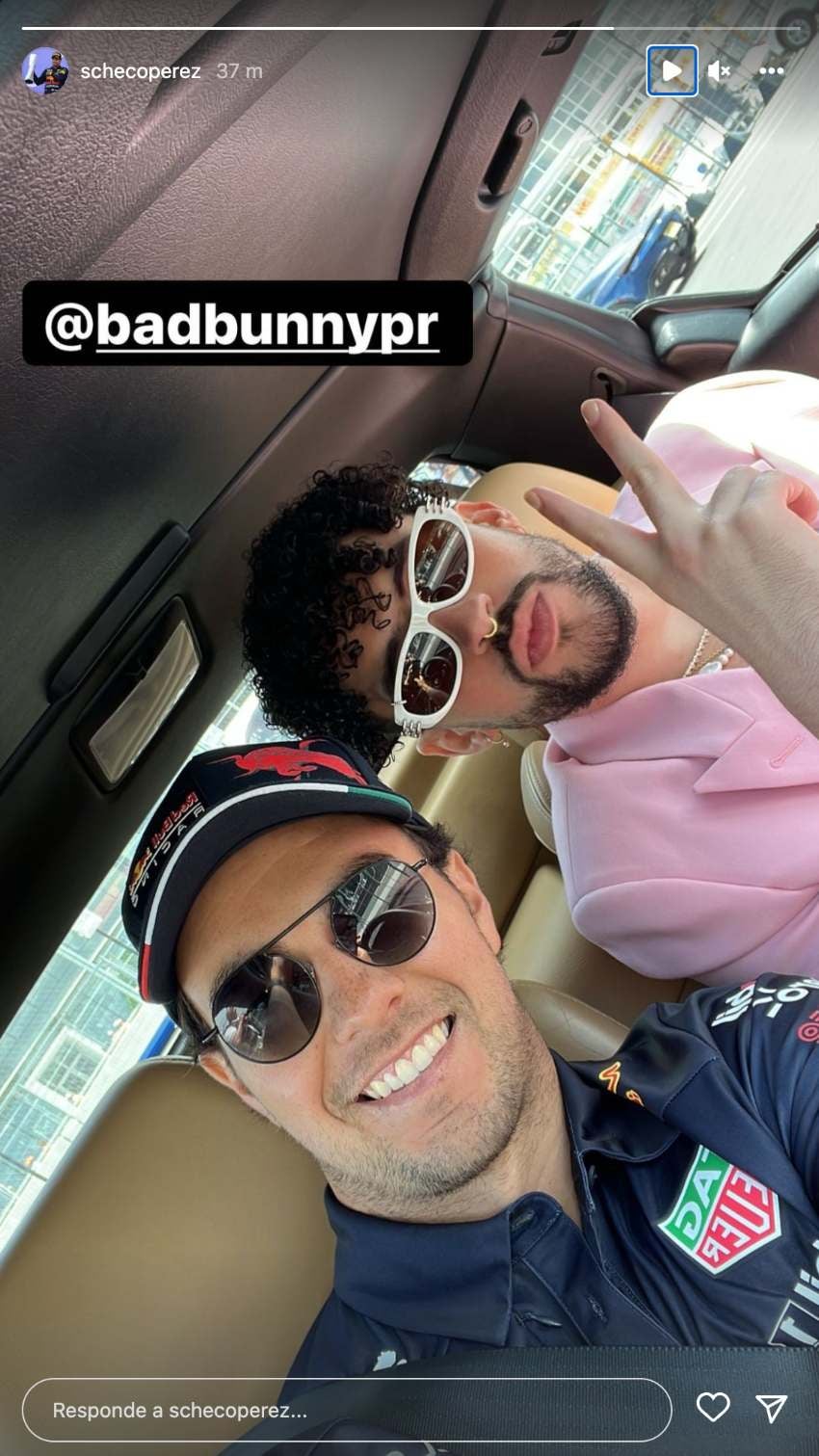 Checo Pérez y Bad Bunny en la pista del GP de Miami