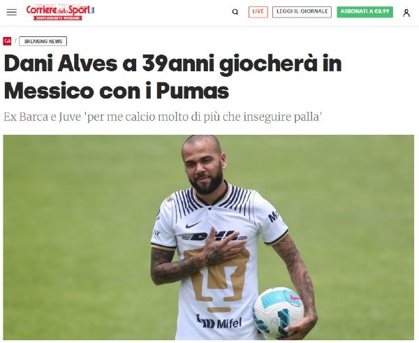 Dani Alves con Pumas en el 'Corriere dello Sport'