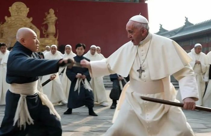 Papa Francisco peleando con un monje samurai creada con IA
