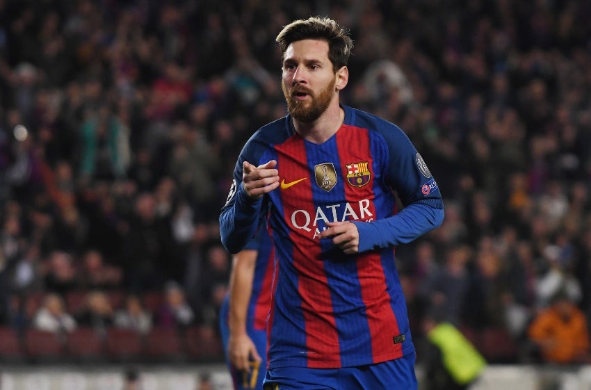 Messi en celebración de gol con el Barça