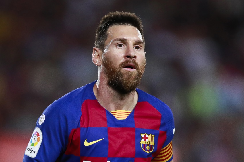 Messi en celebración de gol con el Barça