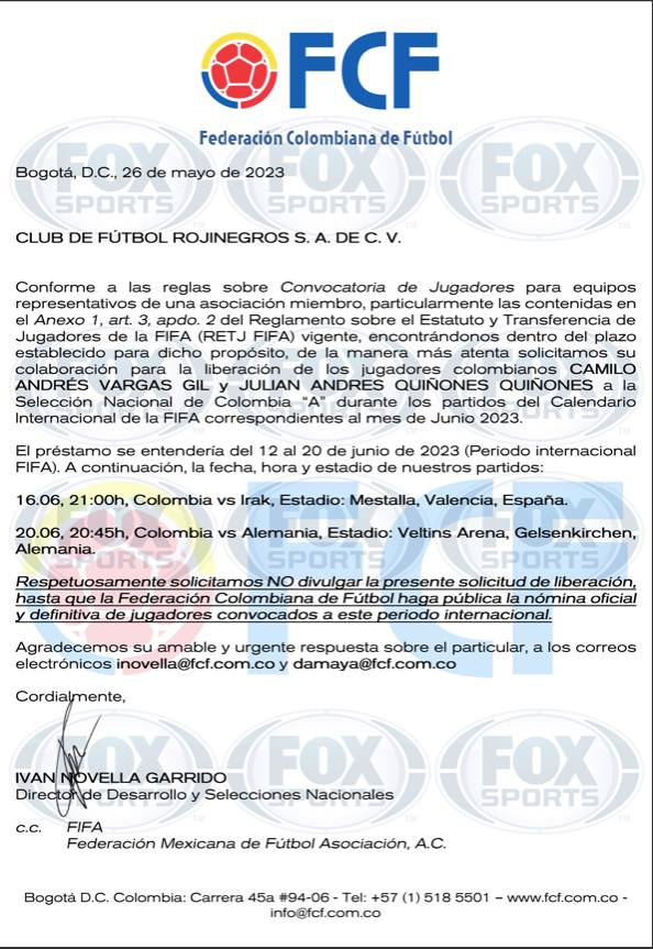 Esta es la carta donde Colombia solicitó a Quiñones el pasado mes de mayo