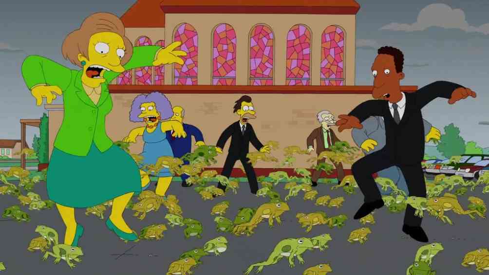 Habitantes de Springfield con las ranas que llegaron a la ciudad