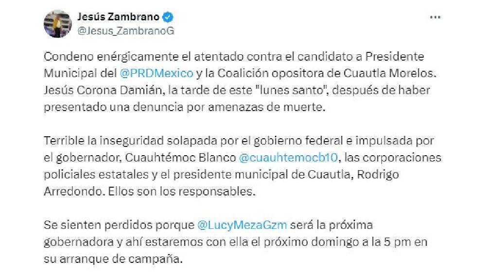 El presidente del PRD, Jesús Zambrano, culpó al Gobernador de Morelos, Cuauhtémoc Blanco. 