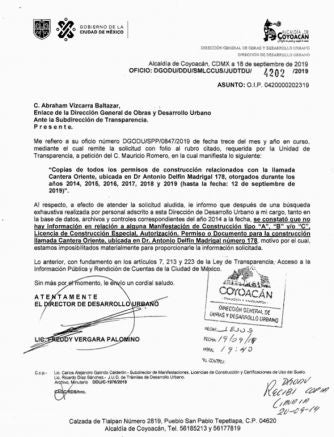 Documento que señala no hay información solicitada