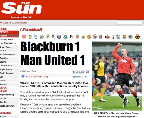 The Sun puso en portada a Rooney quien les dio el gol del título.