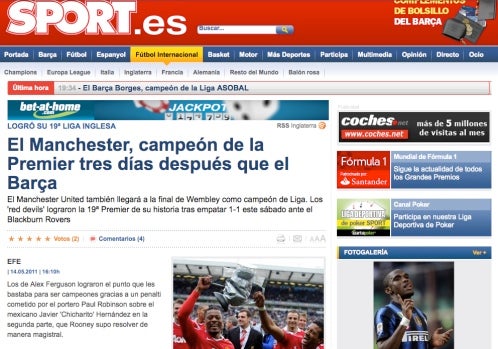 Sport.es destacó el título del Man-U, tres días después del conseguido por el Barça.