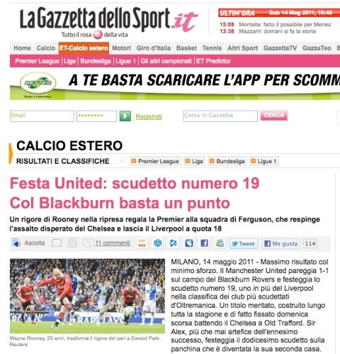 La Gazzetta dello Sport, también le dio crédito al decimonoveno título de los Red Devils.
