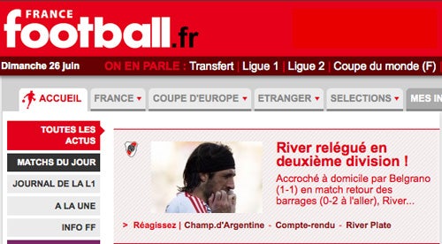 La revista France Football le dedicó un espacio a River (IMAGEN TOMADA DE INTERNET)