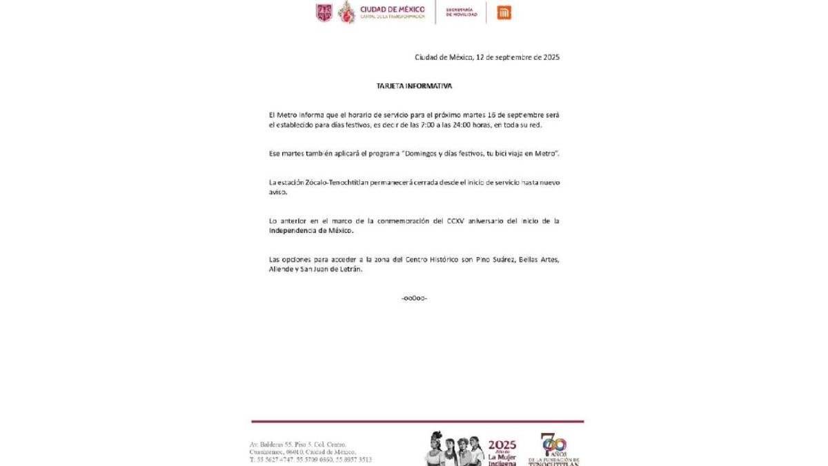 Con motivo del desfile militar del 16 de septiembre, la Ciudad de México aplicará ajustes en el servicio del Metro. / Metro CDMX 
