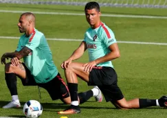 Cristiano Ronaldo y Ricardo Quaresma durante el entrenamiento de la selección de Portugal