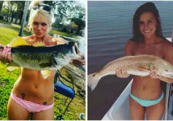 Chicas posan con pescados para cubrir sus pechos