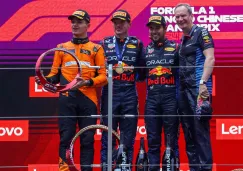 Norris, Verstappen y Pérez, en un podio
