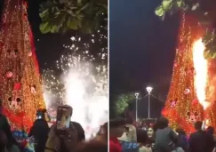 Encendido navideño termina en incendio de árbol en Bahía de Banderas, Nayarit | VIDEO