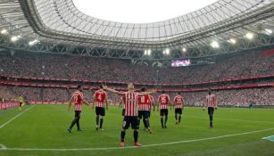 Muniain celebra un gol de Athletic Bilbao en el derbi vasco