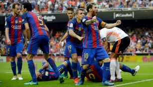 Messi celebra efusivo su tanto en Mestalla