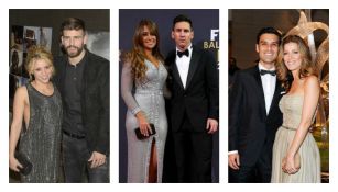 Piqué y Shakira (izq), Messi y Antonella (centro) y Rafa Márquez y Jaydy Michel (der)