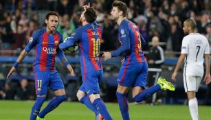Messi celebra su gol contra el PSG en la Vuelta de Champions