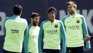 Neymar junto a Suárez, Pique y Messi en un entrenamiento del Barcelona