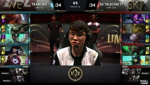 Faker, de STK, durante la selección y bloqueo de campeones en la partida contra Team WE