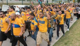 Seguidores de Tigres caminan rumbo al Estadio BBVA