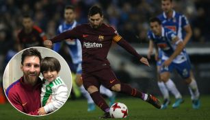 Messi saca un disparo en un partido y posa con Máximo en una foto