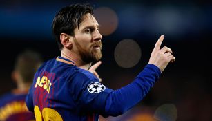 Messi celebra un gol con el Barcelona en Champions League